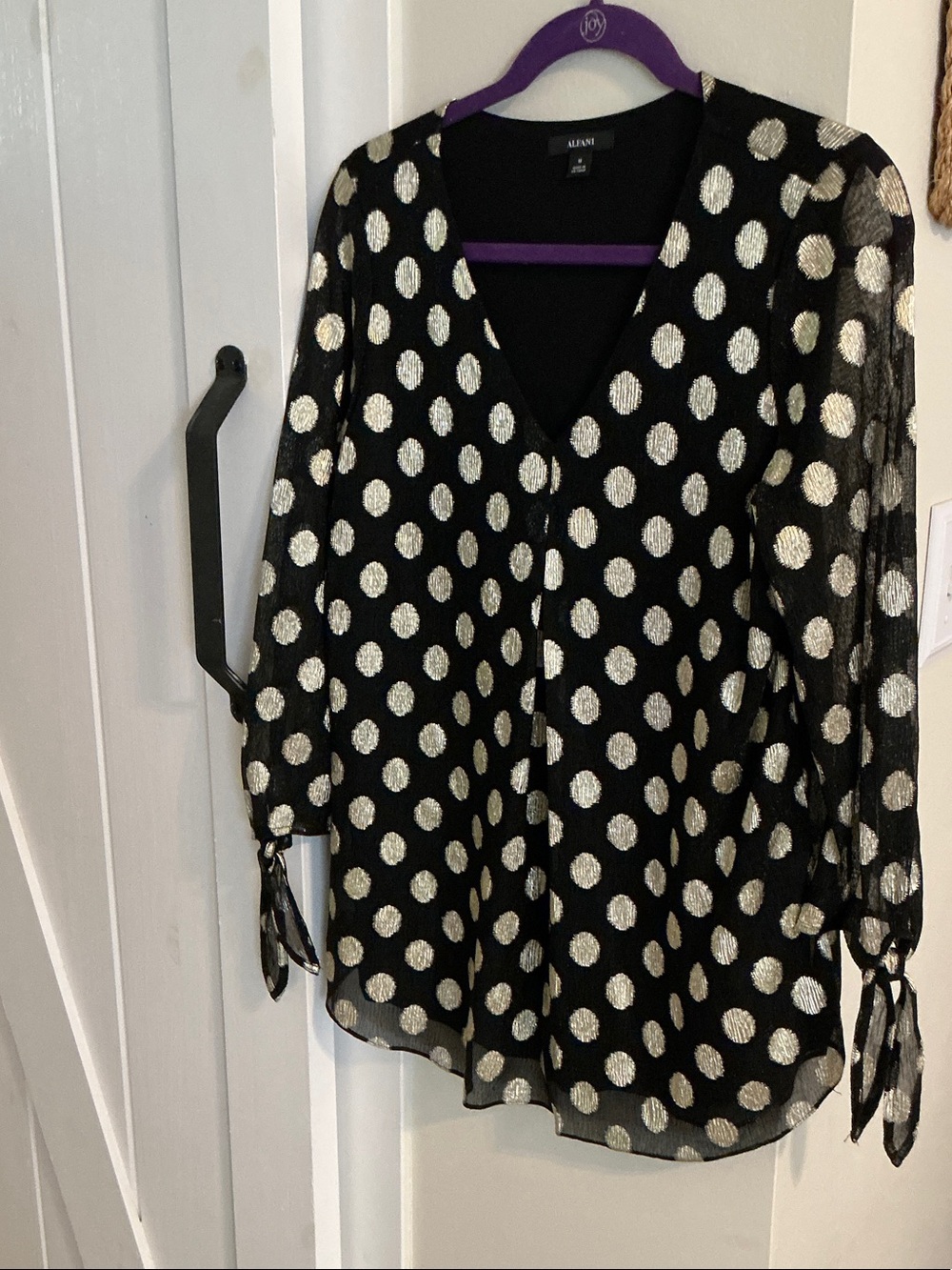 Alfani Black Blouse with Silver Metallic Polka Dots